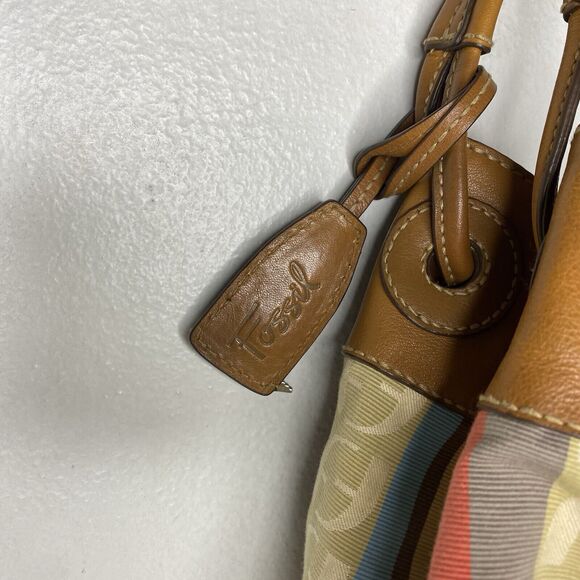 Fossil Logo Leather And Fabric Shoulder Tote Bag Purse Key‎ Multicolor Y2K - Picture 5 of 14